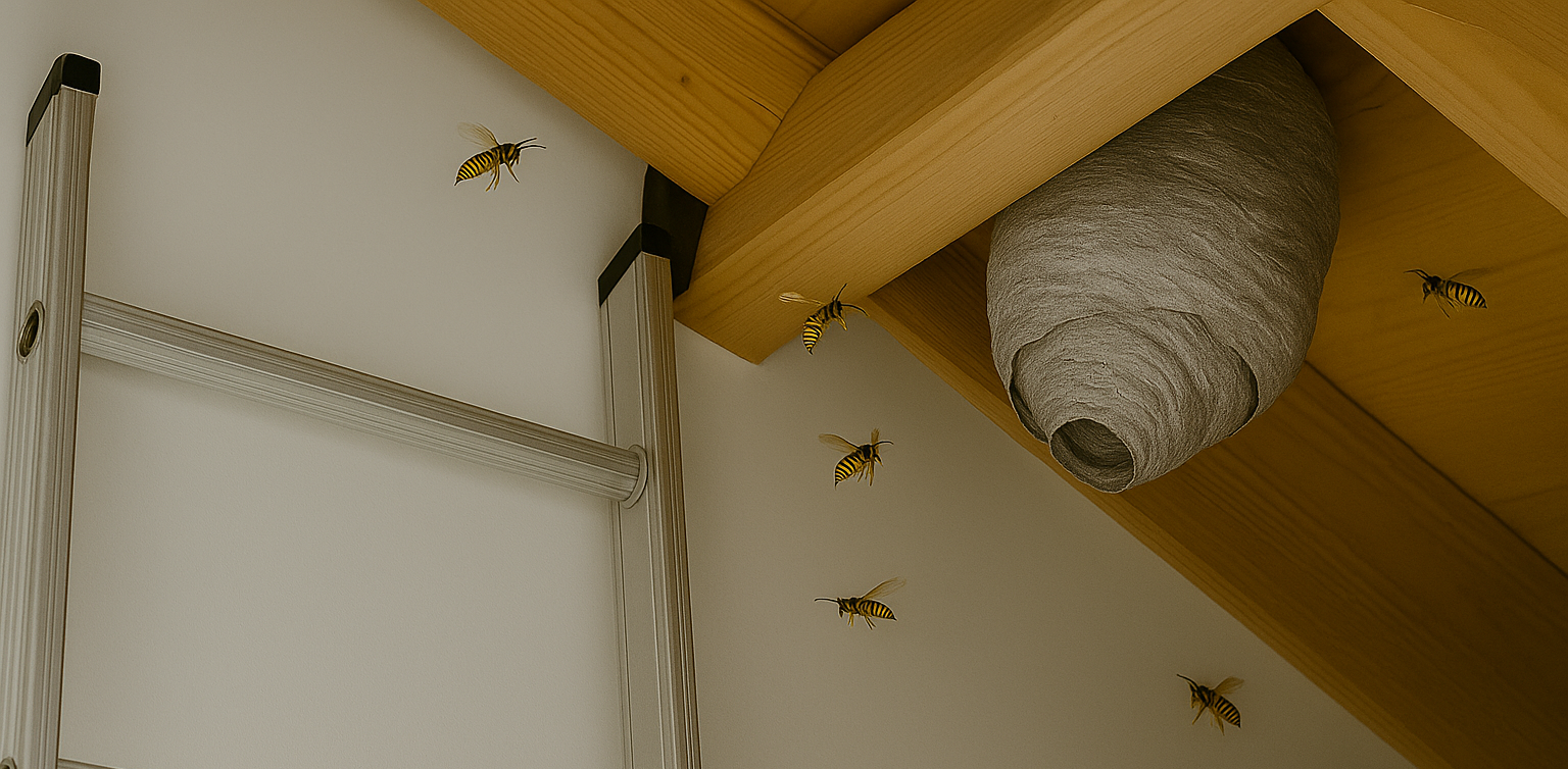 Wasp nest under roof eaves of a house.