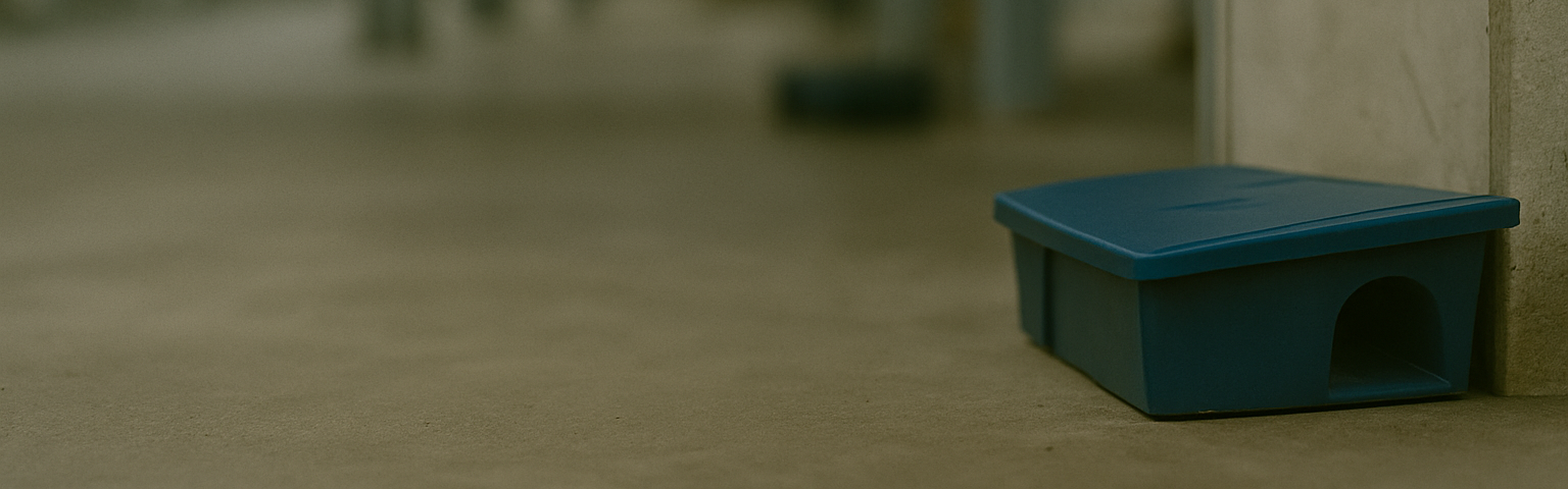 Rat box on the floor with a commercial building in the background.