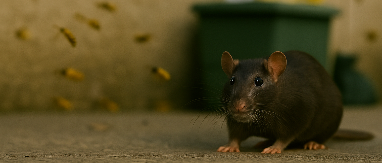 Rat near a bin with wasps flying overhead.